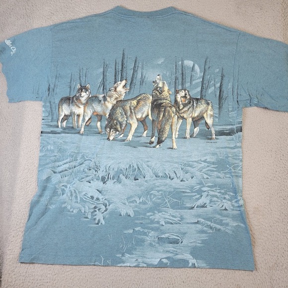 Vintage 90's Wolf T-Shirt Double Sided Silver Dollar City Men's XXL Blue Single - Picture 10 of 11
